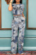 Blue Gray Casual Street Letter Print Faux Denim Print Pocket O Neck Short Sleeve Two Pieces