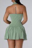 Light Green Sexy Solid Color Buckle Ruched Patchwork U Neck A Line Dresses
