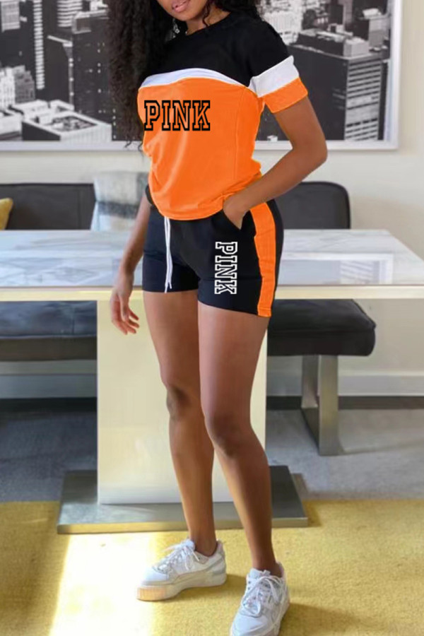 Orange Casual Letter Print Pocket Patchwork Contrast O Neck Short Sleeve Two Pieces