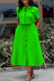 Green Casual Solid Color Pocket Buckle Patchwork O Neck Short Sleeve Two Pieces