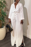 White Casual Solid Color Draw String Buckle Slit Turndown Collar Loose Jumpsuits