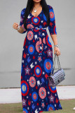 Powder Blue Casual Print Strap Design Patchwork V Neck A Line Dresses