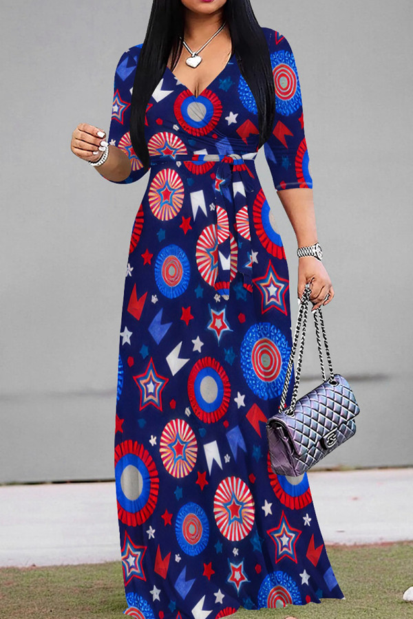 Tibetan Blue Casual Print Strap Design Patchwork V Neck A Line Dresses