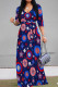 Tibetan Blue Casual Print Strap Design Patchwork V Neck A Line Dresses