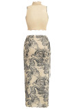 Apricot Celebrities Print Ruched Strap Design Patchwork Turtleneck Sleeveless Two Pieces