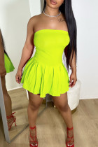 Fluorescent Green Sexy Solid Color Backless Ruched Patchwork Strapless A Line Dresses