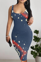 Tibetan Blue Casual Striped Print The stars Contrast U Neck Printed Dresses
