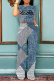 Blue Gray Casual Street Letter Print Faux Denim Print Pocket O Neck Short Sleeve Two Pieces