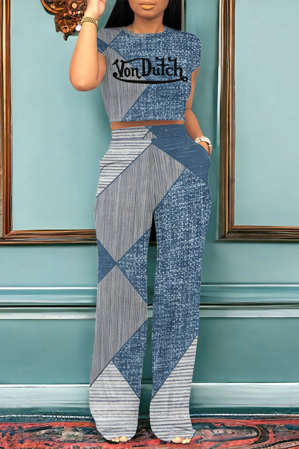 White Blue Casual Street Letter Print Faux Denim Print Pocket O Neck Short Sleeve Two Pieces