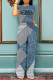 White Blue Casual Street Letter Print Faux Denim Print Pocket O Neck Short Sleeve Two Pieces
