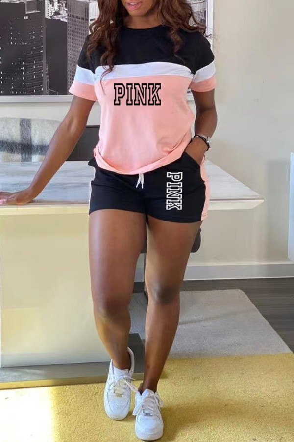 Pink Casual Letter Print Pocket Patchwork Contrast O Neck Short Sleeve Two Pieces