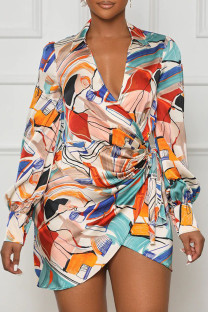 Multi-color Sexy Print Ruched Strap Design Patchwork V Neck Irregular Dresses