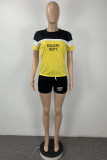 Red Casual Street Striped Print Letter Print Pocket Contrast O Neck Short Sleeve Two Pieces