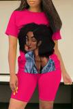Watermelon Red Casual Figure Print Basic O Neck Short Sleeve Two Pieces
