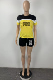 Red Casual Letter Print Pocket Patchwork Contrast O Neck Short Sleeve Two Pieces