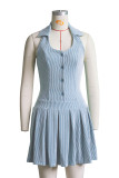 Light Green Sexy Solid Color Buckle Ruched Patchwork U Neck A Line Dresses