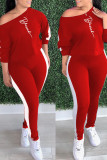 Red Casual Letters Patchwork Oblique Collar Long Sleeve Two Pieces