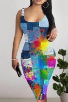Dark Blue Casual Faux Denim Print Basic U Neck Vest Dresses