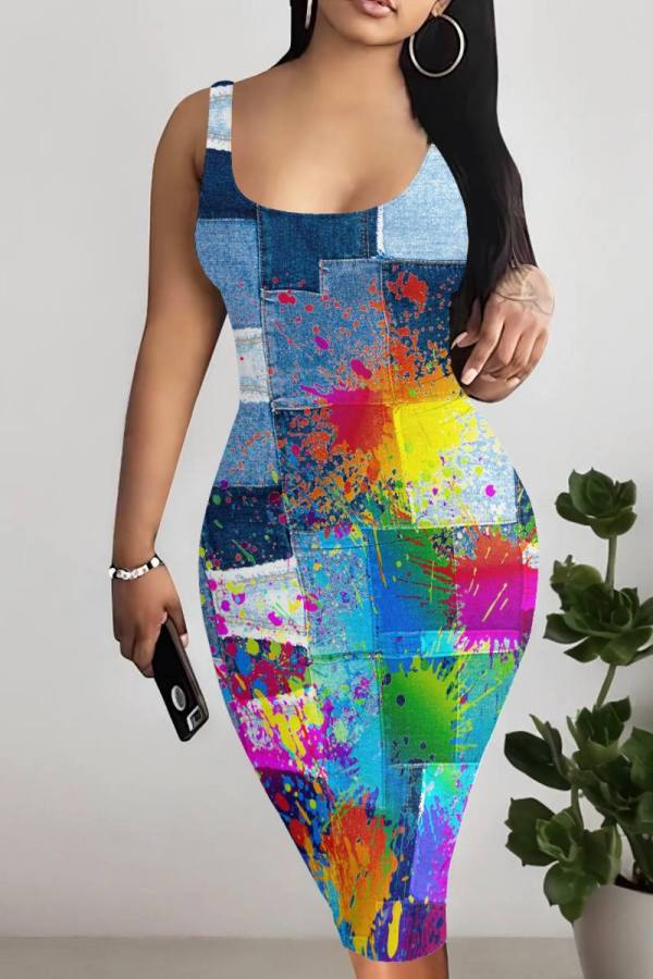 Dark Blue Casual Faux Denim Print Basic U Neck Vest Dresses