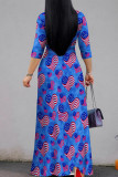 Turquoise Celebrities Print Strap Design Patchwork V Neck A Line Dresses