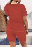 Watermelon Red Casual Figure Print Basic O Neck Short Sleeve Two Pieces