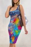 Gray Blue Casual Faux Denim Print Basic U Neck Vest Dresses