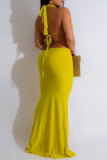 Yellow Celebrities Solid Color Hollow Out Backless Strap Design Patchwork Halter Long Dresses