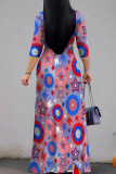 Powder Blue Casual Print Strap Design Patchwork V Neck A Line Dresses