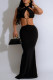 Black Celebrities Solid Color Hollow Out Backless Strap Design Patchwork Halter Long Dresses
