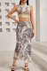 Apricot Celebrities Print Ruched Strap Design Patchwork Turtleneck Sleeveless Two Pieces