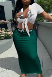 White Green Casual Print Strap Design Patchwork Deep V Neck Short Sleeve Two Pieces