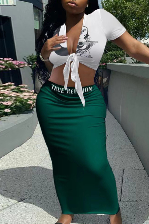 White Green Casual Print Strap Design Patchwork Deep V Neck Short Sleeve Two Pieces