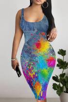 Blue Casual Faux Denim Print Basic U Neck Vest Dresses
