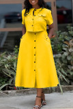 Yellow Casual Solid Color Pocket Buckle Patchwork O Neck Short Sleeve Two Pieces
