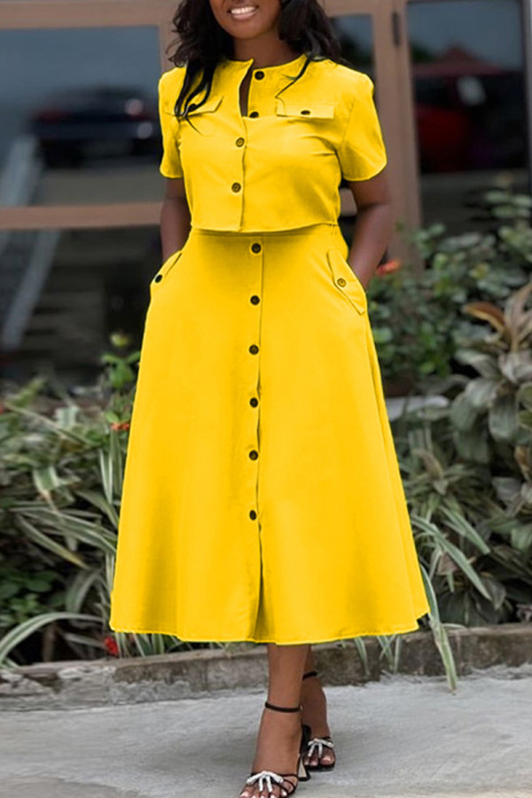 Yellow Casual Solid Color Pocket Buckle Patchwork O Neck Short Sleeve Two Pieces