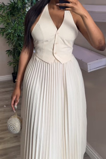 White Celebrities Solid Color Buckle Pleated Patchwork V Neck Sleeveless Two Pieces