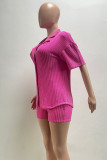 Rose Red Casual Solid Color Buckle Patchwork Turndown Collar Short Sleeve Two Pieces