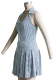 Light Green Sexy Solid Color Buckle Ruched Patchwork U Neck A Line Dresses