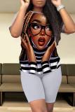 Watermelon Red Casual Figure Print Basic O Neck Short Sleeve Two Pieces