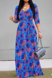 Turquoise Celebrities Print Strap Design Patchwork V Neck A Line Dresses