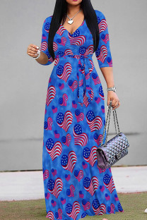 Blue Celebrities Print Strap Design Patchwork V Neck A Line Dresses