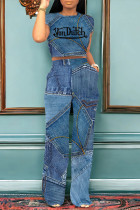 Deep Blue Casual Street Letter Print Faux Denim Print Pocket O Neck Short Sleeve Two Pieces