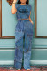 Deep Blue Casual Street Letter Print Faux Denim Print Pocket O Neck Short Sleeve Two Pieces