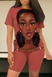 Watermelon Red Casual Figure Print Basic O Neck Short Sleeve Two Pieces