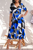 Blue Celebrities Print Patchwork V Neck A Line Dresses