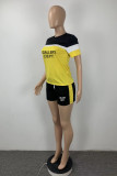 Red Casual Street Striped Print Letter Print Pocket Contrast O Neck Short Sleeve Two Pieces