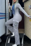 Silver Street Solid Color Pocket Zipper Patchwork Zipper Collar Skinny Jumpsuits