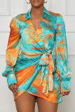 Multi-color Sexy Print Ruched Strap Design Patchwork V Neck Irregular Dresses