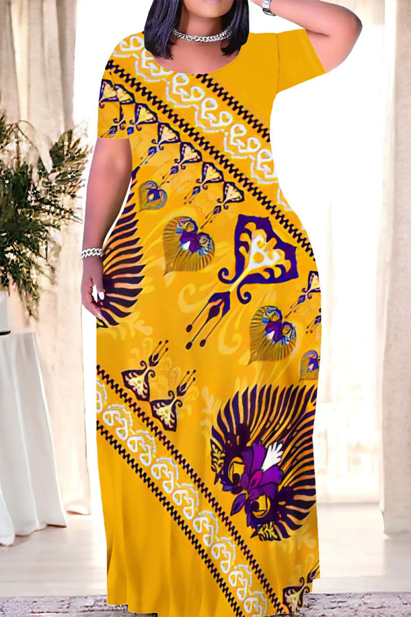 Yellow Casual Daily Floral Print O Neck Printed Dresses