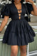 Black Celebrities Solid Color Hollow Out Ruched Patchwork V Neck A Line Dresses